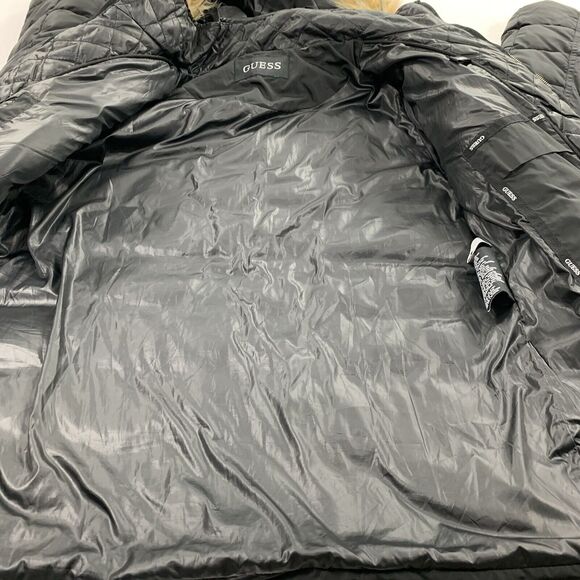 Guess Faux Fur Lined Hooded Puffer Jacket Size XL Womens Solid Black Winter Cold - Picture 4 of 11
